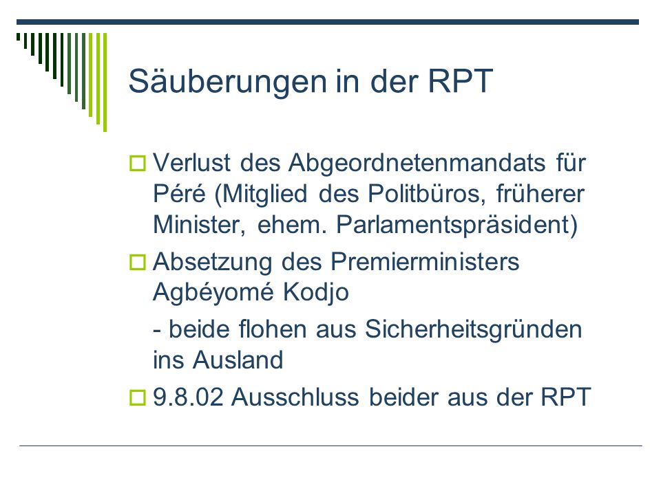 Säuberungen in der RPT Verlust des Abgeordnetenmandats für Péré (Mitglied des Politbüros, früherer Minister, ehem.