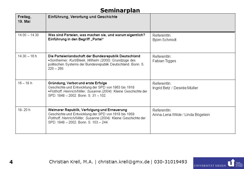Christian Krell, M.A. | | Seminarplan Freitag, 19.