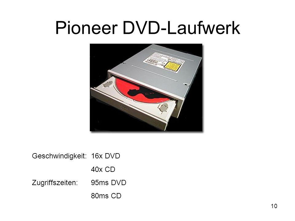 10 Pioneer DVD-Laufwerk Geschwindigkeit:16x DVD 40x CD Zugriffszeiten: 95ms DVD 80ms CD