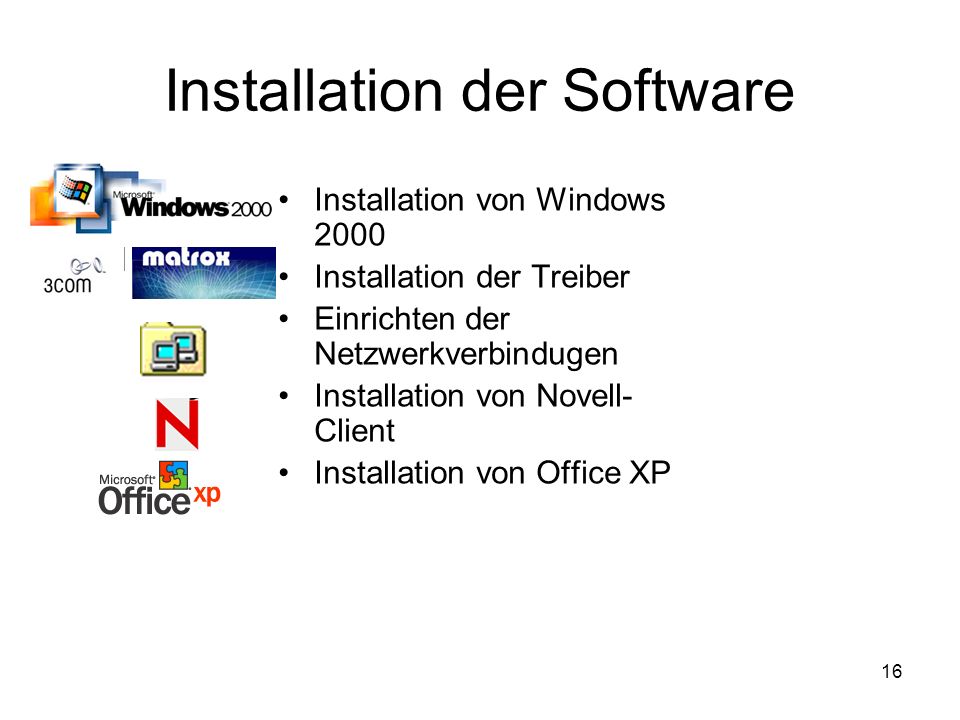 16 Installation der Software Installation von Windows 2000 Installation der Treiber Einrichten der Netzwerkverbindugen Installation von Novell- Client Installation von Office XP