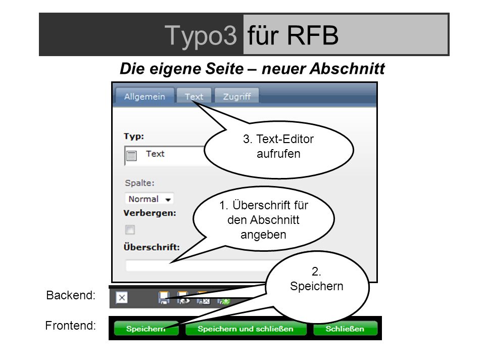 Typo3für RFB 1. Überschrift für den Abschnitt angeben 3.