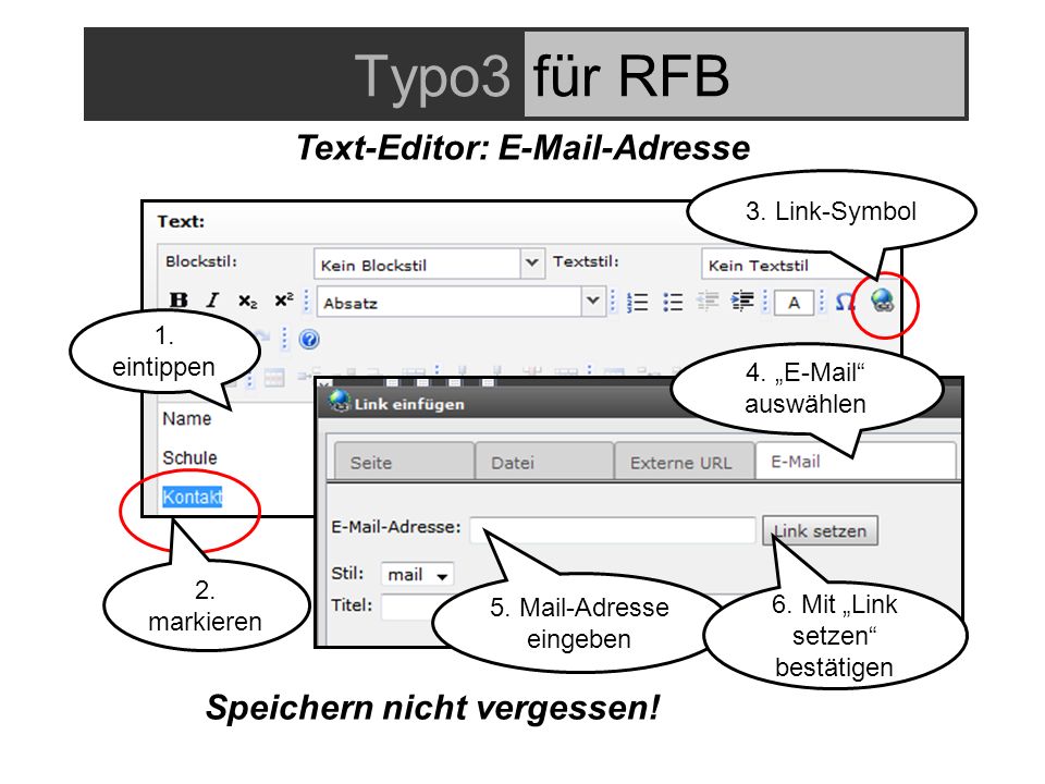 Typo3für RFB Text-Editor:  -Adresse 1. eintippen 2.