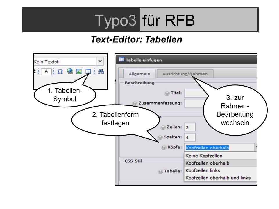Typo3für RFB Text-Editor: Tabellen 2. Tabellenform festlegen 1.
