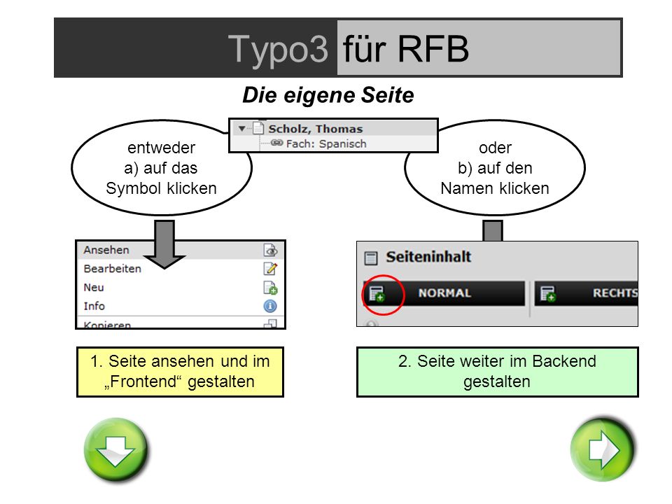 Typo3für RFB Die eigene Seite entweder a) auf das Symbol klicken oder b) auf den Namen klicken 1.