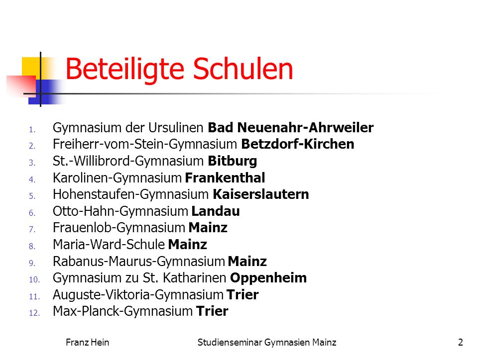 Franz HeinStudienseminar Gymnasien Mainz2 Beteiligte Schulen 1.