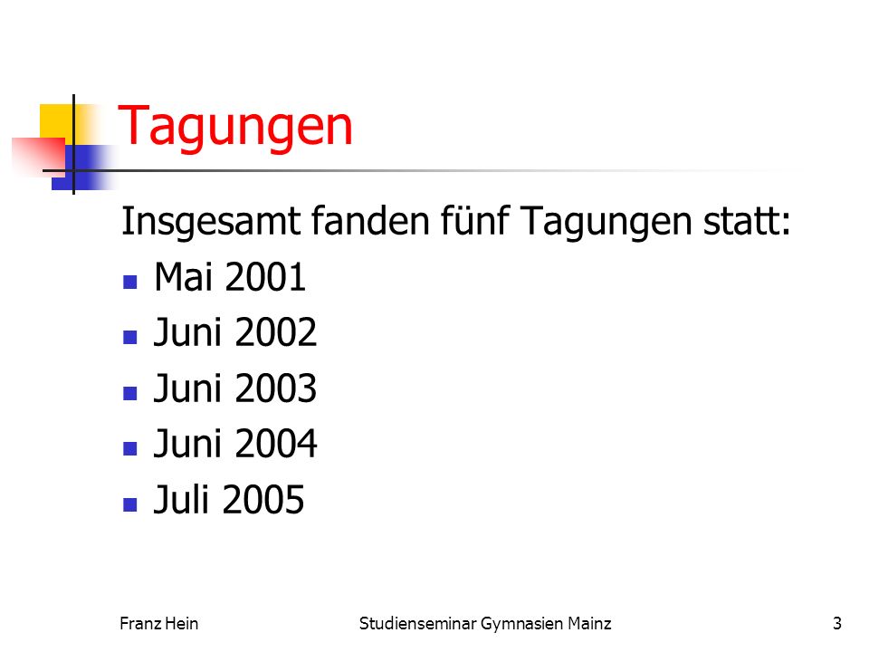 Franz HeinStudienseminar Gymnasien Mainz3 Tagungen Insgesamt fanden fünf Tagungen statt: Mai 2001 Juni 2002 Juni 2003 Juni 2004 Juli 2005