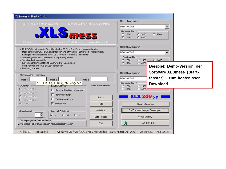 Beispiel: Demo-Version der Software XLSmess (Start- fenster) – zum kostenlosen Download.