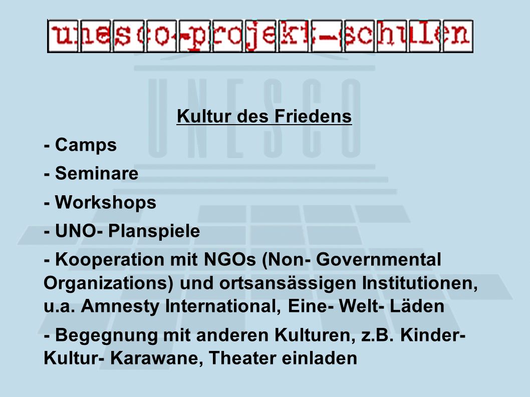 Kultur des Friedens - Camps - Seminare - Workshops - UNO- Planspiele - Kooperation mit NGOs (Non- Governmental Organizations) und ortsansässigen Institutionen, u.a.