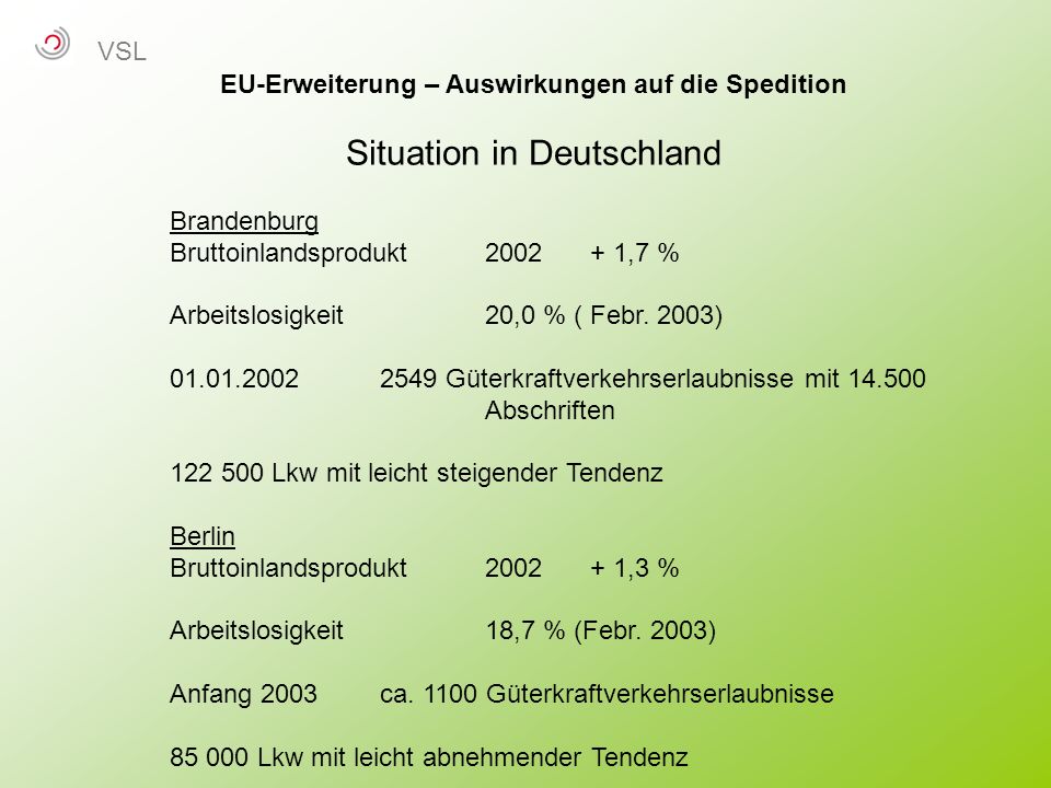 EU-Erweiterung – Auswirkungen auf die Spedition Situation in Deutschland Brandenburg Bruttoinlandsprodukt ,7 % Arbeitslosigkeit20,0 % ( Febr.