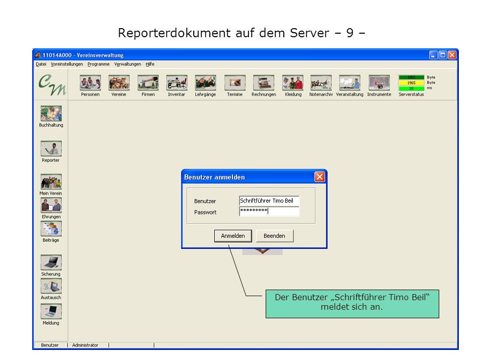 Reporterdokument auf dem Server – 9 – Der Benutzer Schriftführer Timo Beil meldet sich an.