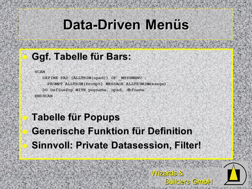 Wizards & Builders GmbH Data-Driven Menüs Ggf. Tabelle für Bars: Ggf.