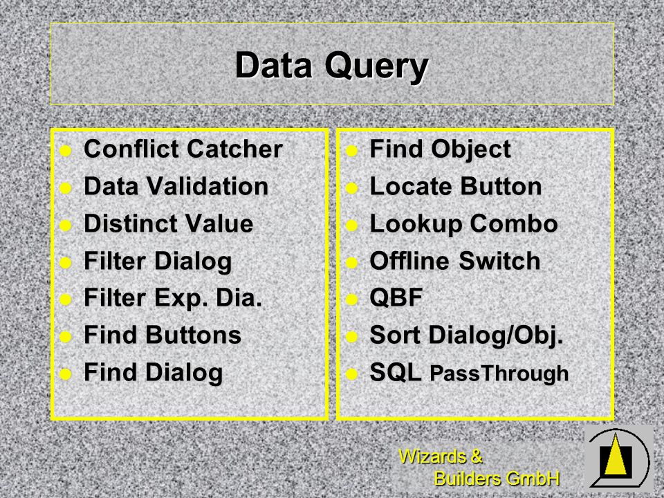 Wizards & Builders GmbH Data Query Conflict Catcher Conflict Catcher Data Validation Data Validation Distinct Value Distinct Value Filter Dialog Filter Dialog Filter Exp.