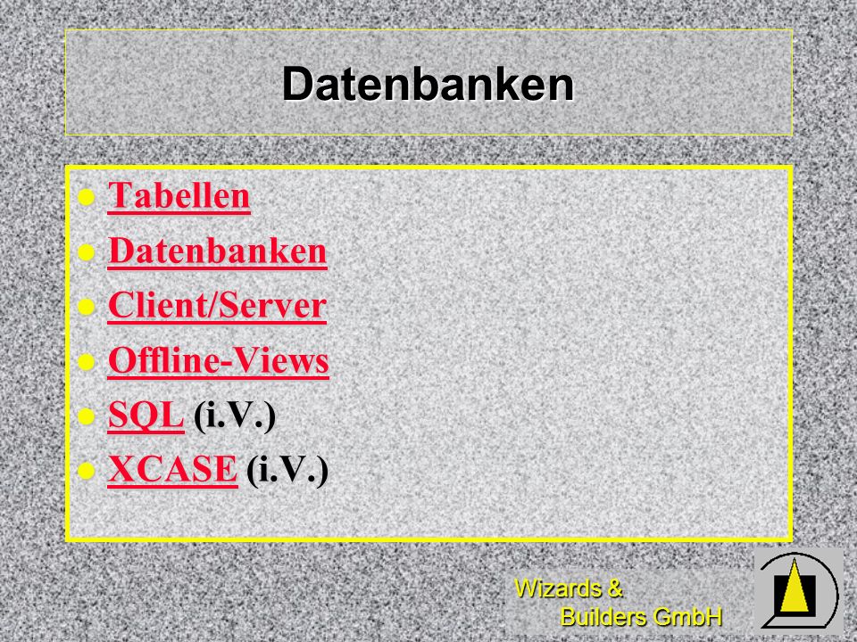 Wizards & Builders GmbH Datenbanken Tabellen Tabellen Tabellen Datenbanken Datenbanken Datenbanken Client/Server Client/Server Client/Server Offline-Views Offline-Views Offline-Views SQL (i.V.) SQL (i.V.) SQL XCASE (i.V.) XCASE (i.V.) XCASE