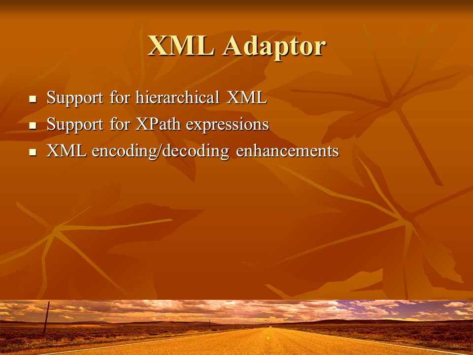 XML Adaptor Support for hierarchical XML Support for hierarchical XML Support for XPath expressions Support for XPath expressions XML encoding/decoding enhancements XML encoding/decoding enhancements