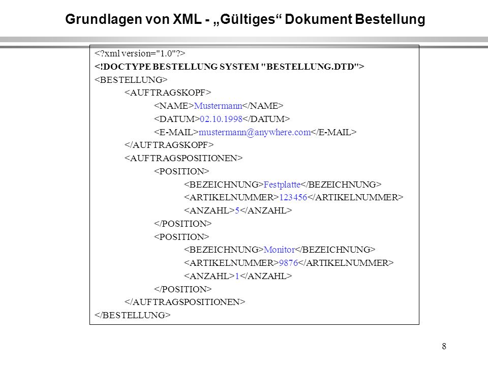 8 Grundlagen von XML - Gültiges Dokument Bestellung Mustermann Festplatte Monitor