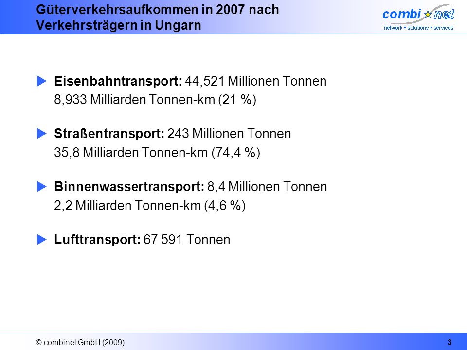 © combinet GmbH (2009)3 Güterverkehrsaufkommen in 2007 nach Verkehrsträgern in Ungarn Eisenbahntransport: 44,521 Millionen Tonnen 8,933 Milliarden Tonnen-km (21 %) Straßentransport: 243 Millionen Tonnen 35,8 Milliarden Tonnen-km (74,4 %) Binnenwassertransport: 8,4 Millionen Tonnen 2,2 Milliarden Tonnen-km (4,6 %) Lufttransport: Tonnen