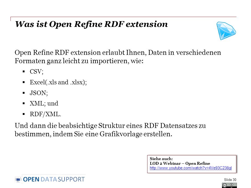 Was ist Open Refine RDF extension Open Refine RDF extension erlaubt Ihnen, Daten in verschiedenen Formaten ganz leicht zu importieren, wie: CSV; Excel(.xls and.xlsx); JSON; XML; und RDF/XML.