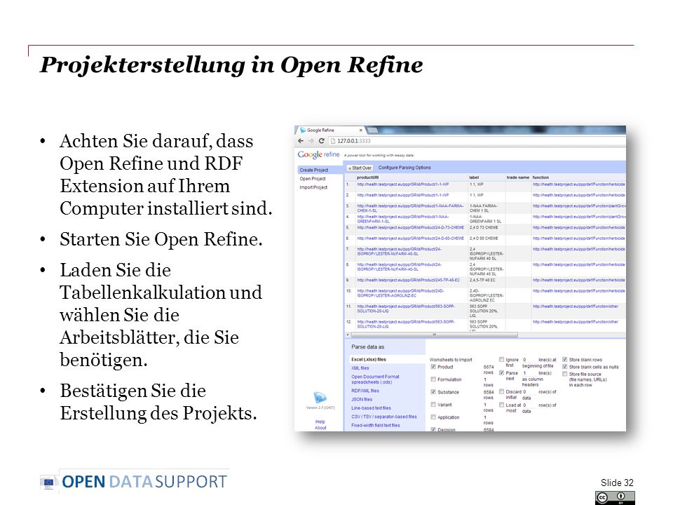 Projekterstellung in Open Refine Achten Sie darauf, dass Open Refine und RDF Extension auf Ihrem Computer installiert sind.
