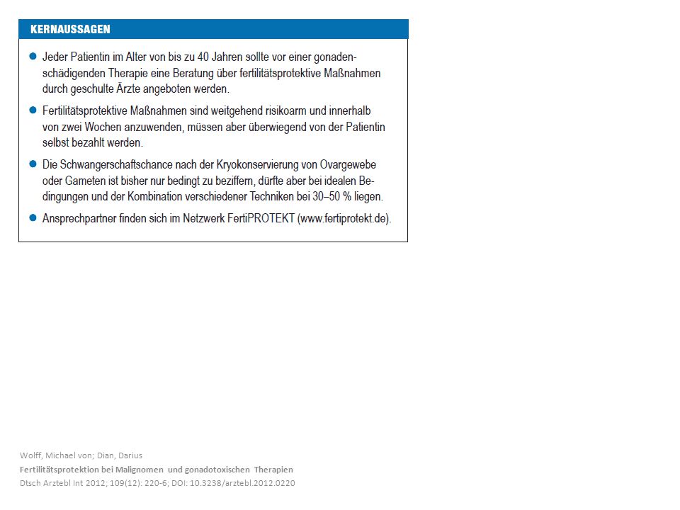 Wolff, Michael von; Dian, Darius Fertilitätsprotektion bei Malignomen und gonadotoxischen Therapien Dtsch Arztebl Int 2012; 109(12): 220-6; DOI: /arztebl