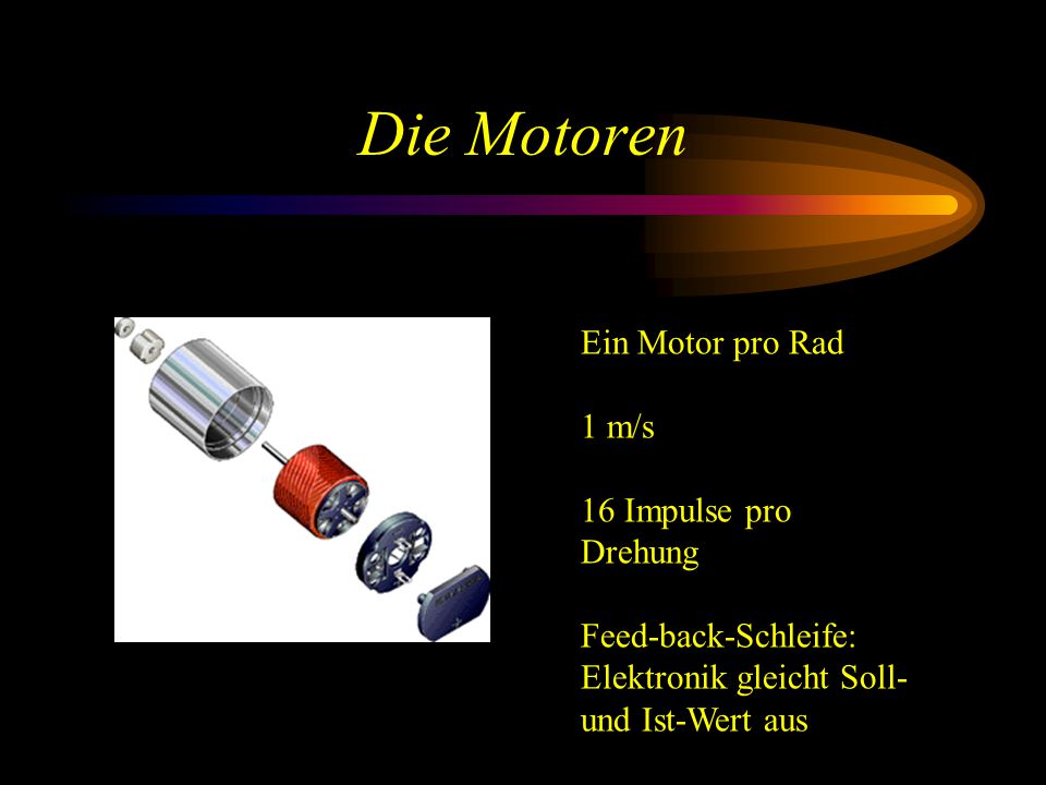 Die Motoren Ein Motor pro Rad 1 m/s 16 Impulse pro Drehung Feed-back-Schleife: Elektronik gleicht Soll- und Ist-Wert aus