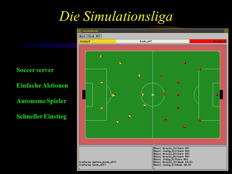 Die Simulationsliga Soccer server Einfache Aktionen Autonome Spieler Schneller Einstieg