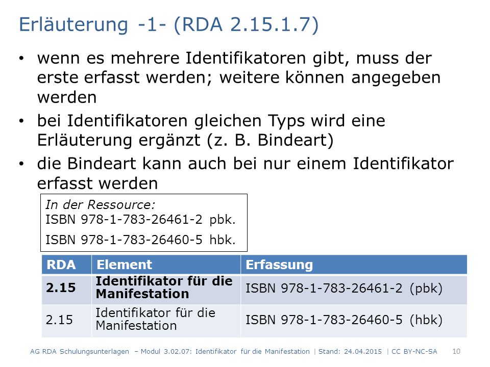 Erläuterung -1- (RDA ) wenn es mehrere Identifikatoren gibt, muss der erste erfasst werden; weitere können angegeben werden bei Identifikatoren gleichen Typs wird eine Erläuterung ergänzt (z.