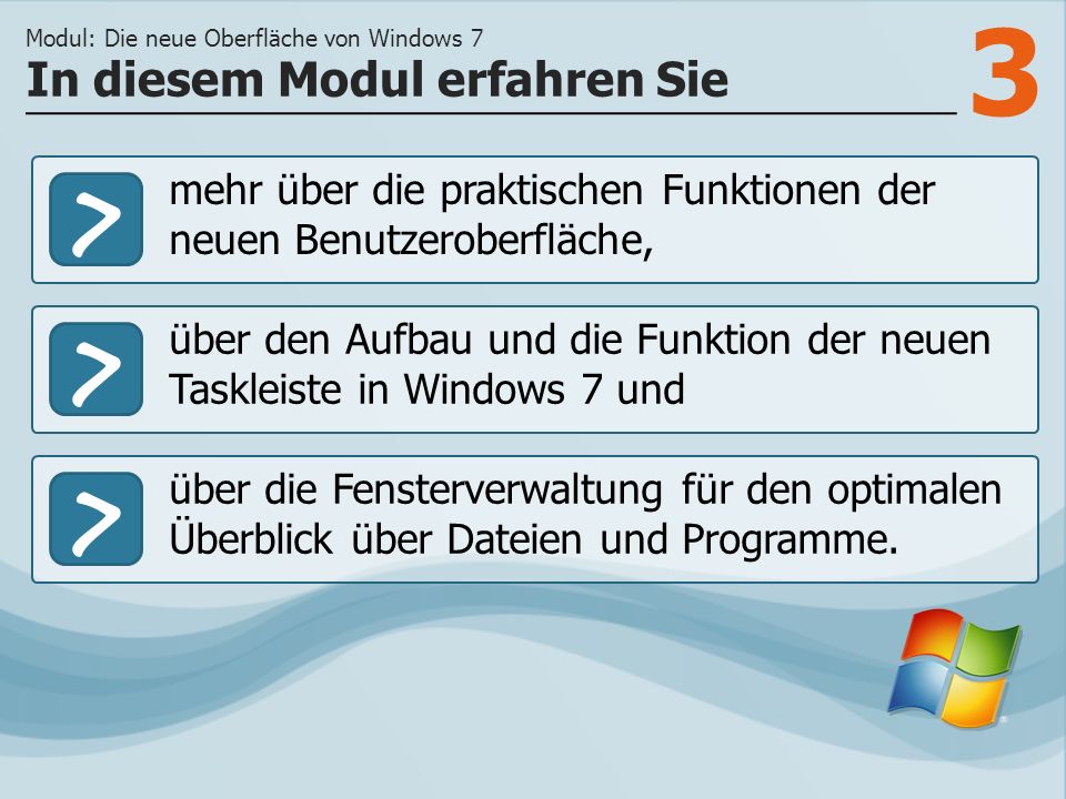 3 >> über den Aufbau und die Funktion der neuen Taskleiste in Windows 7 und über die Fensterverwaltung für den optimalen Überblick über Dateien und Programme.