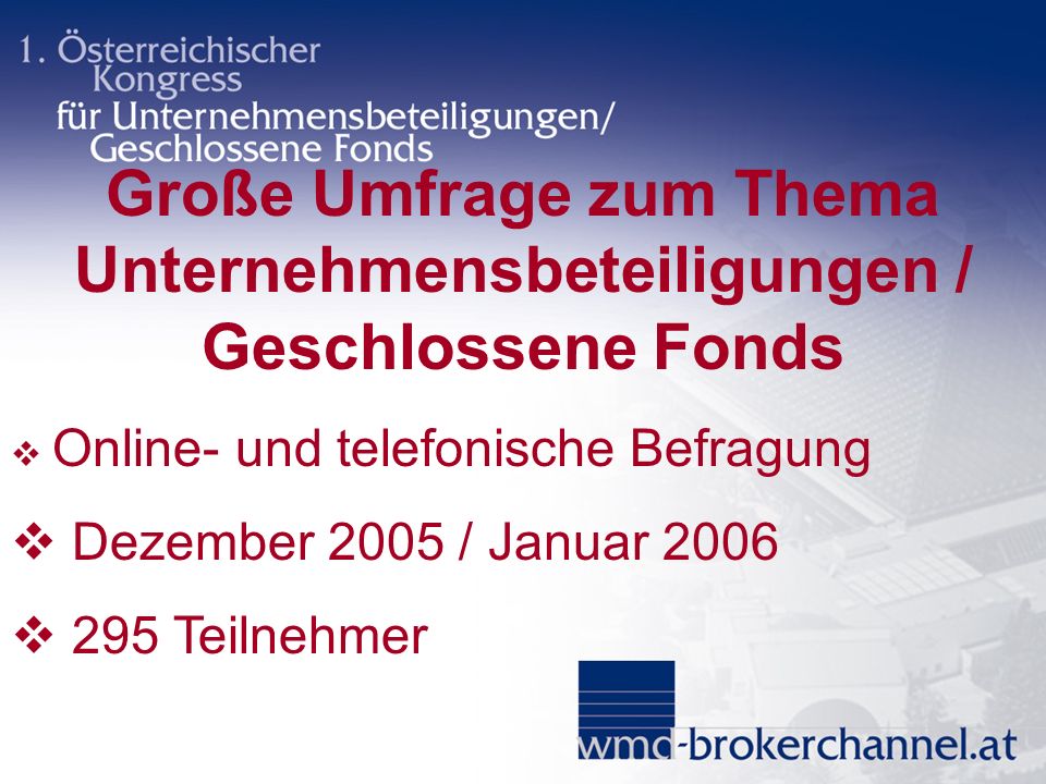 Große Umfrage zum Thema Unternehmensbeteiligungen / Geschlossene Fonds Online- und telefonische Befragung Dezember 2005 / Januar Teilnehmer