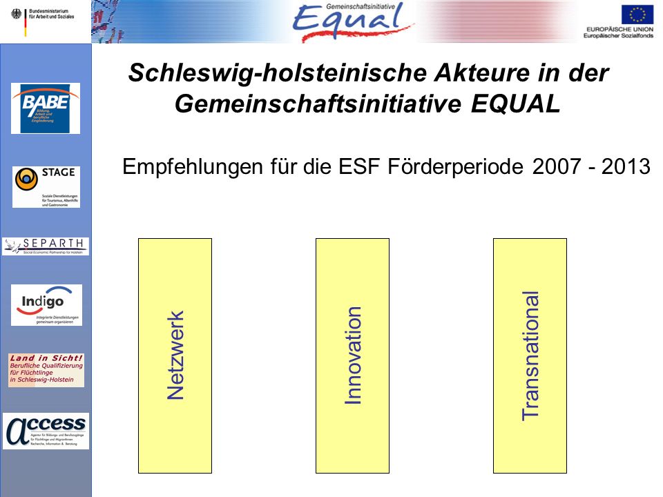Schleswig-holsteinische Akteure in der Gemeinschaftsinitiative EQUAL Empfehlungen für die ESF Förderperiode NetzwerkInnovationTransnational