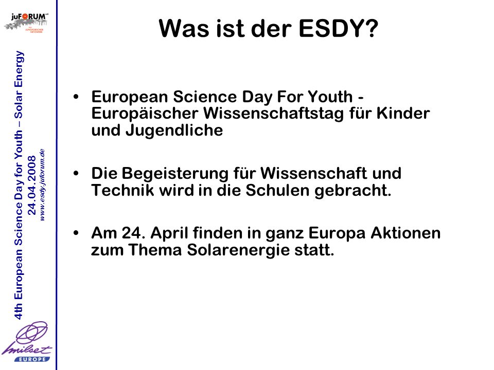 4th European Science Day for Youth – Solar Energy Was ist der ESDY.