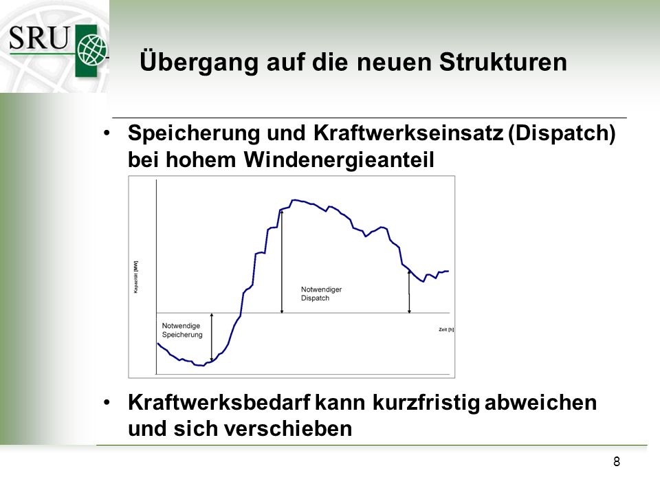 8 Speicherung und Kraftwerkseinsatz (Dispatch) bei hohem Windenergieanteil Kraftwerksbedarf kann kurzfristig abweichen und sich verschieben Übergang auf die neuen Strukturen