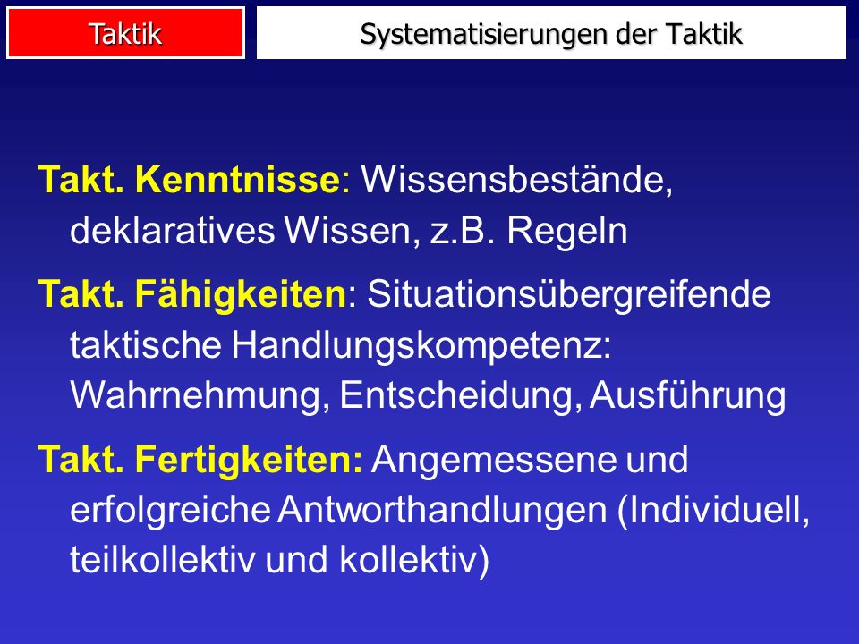 Taktik Systematisierungen der Taktik Takt. Kenntnisse: Wissensbestände, deklaratives Wissen, z.B.