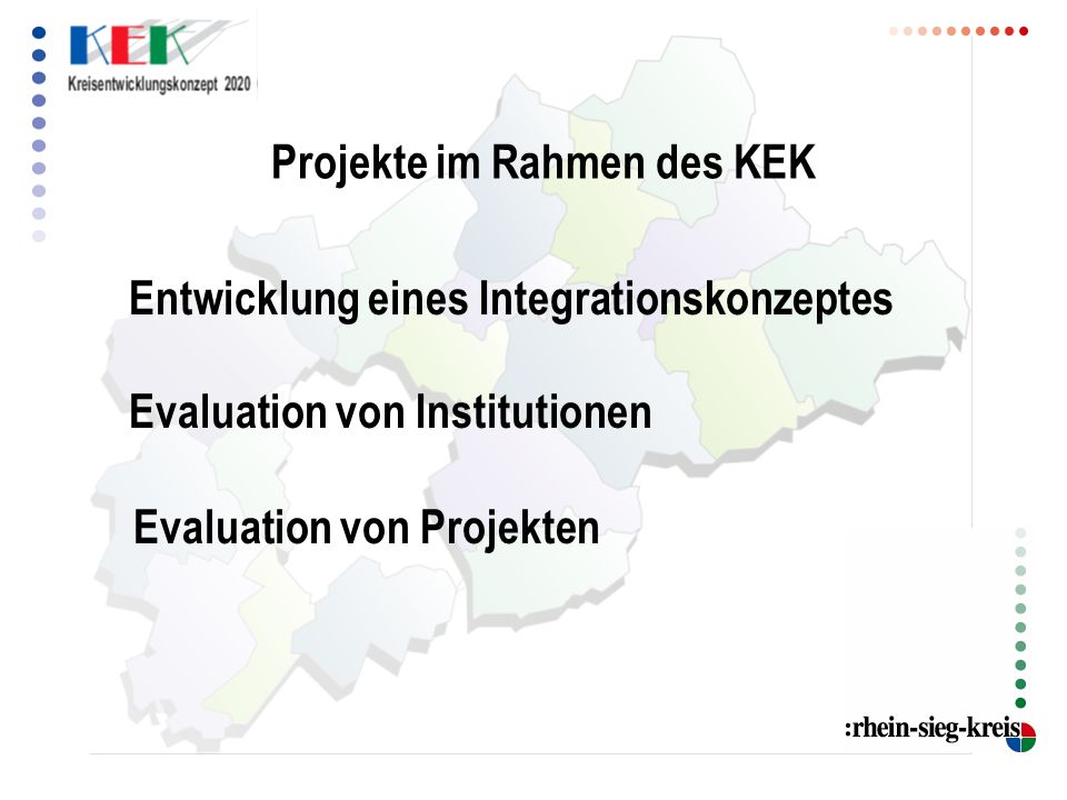 Projekte im Rahmen des KEK Entwicklung eines Integrationskonzeptes Evaluation von Institutionen Evaluation von Projekten