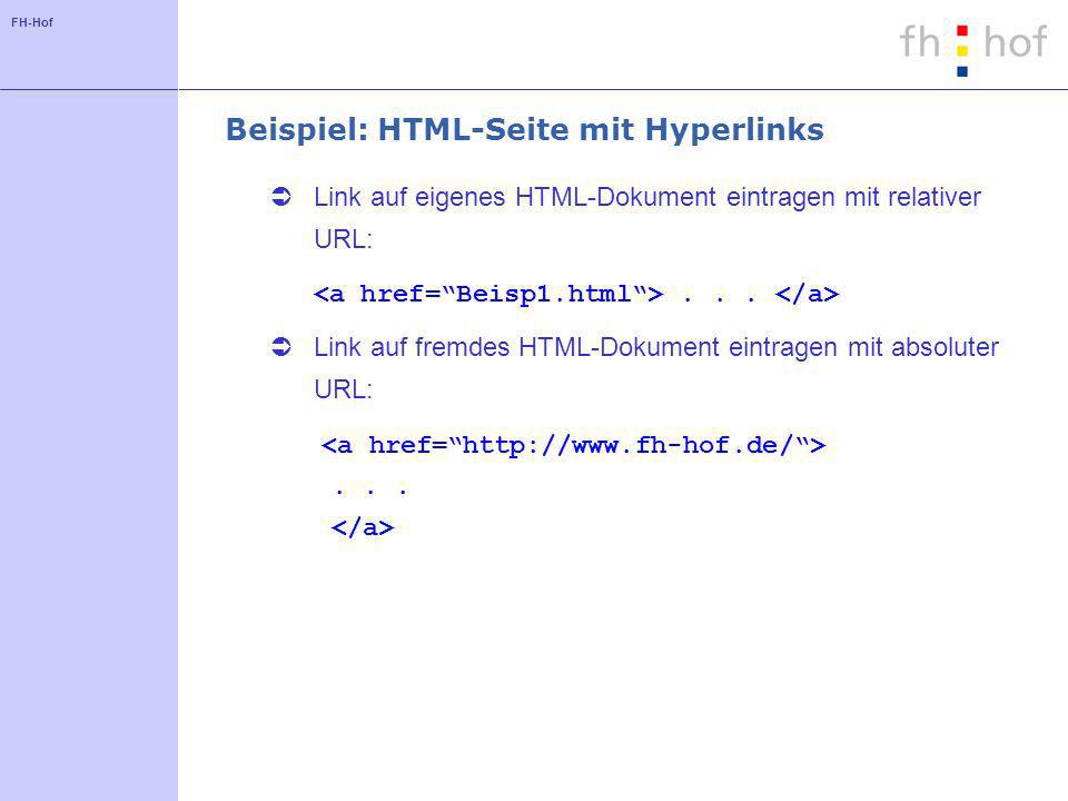 FH-Hof Beispiel: HTML-Seite mit Hyperlinks Link auf eigenes HTML-Dokument eintragen mit relativer URL:...