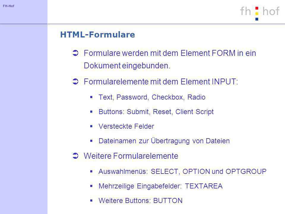 FH-Hof HTML-Formulare Formulare werden mit dem Element FORM in ein Dokument eingebunden.