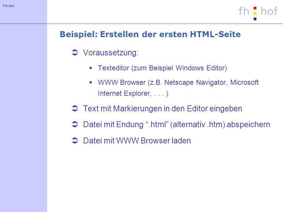 FH-Hof Beispiel: Erstellen der ersten HTML-Seite Voraussetzung: Texteditor (zum Beispiel Windows Editor) WWW Browser (z.B.