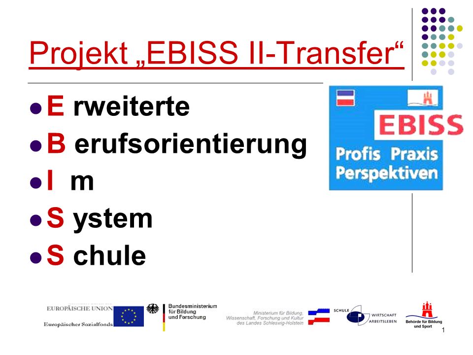 1 Projekt EBISS II-Transfer E rweiterte B erufsorientierung I m S ystem S chule