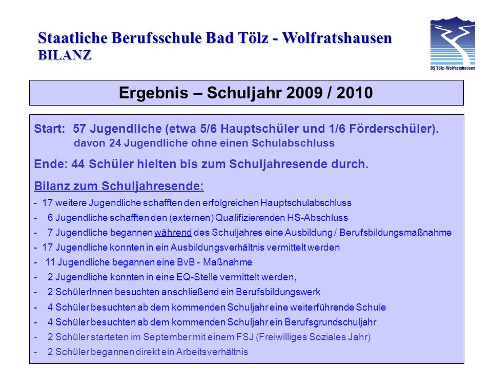 Staatliche Berufsschule Bad Tölz - Wolfratshausen Ergebnis – Schuljahr 2009 / 2010 BILANZ Start: 57 Jugendliche (etwa 5/6 Hauptschüler und 1/6 Förderschüler).