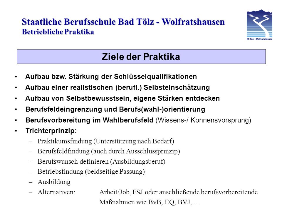 Staatliche Berufsschule Bad Tölz - Wolfratshausen Ziele der Praktika Aufbau bzw.