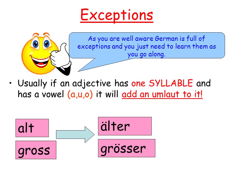 Exceptions Usually if an adjective has one SYLLABLE and has a vowel (a,u,o) it will add an umlaut to it.