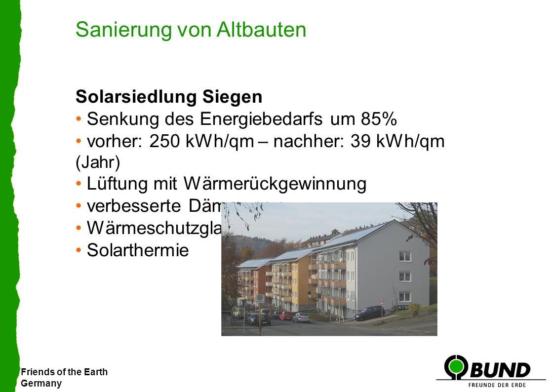 Friends of the Earth Germany Sanierung von Altbauten Solarsiedlung Siegen Senkung des Energiebedarfs um 85% vorher: 250 kWh/qm – nachher: 39 kWh/qm (Jahr) Lüftung mit Wärmerückgewinnung verbesserte Dämmung Wärmeschutzglas Solarthermie