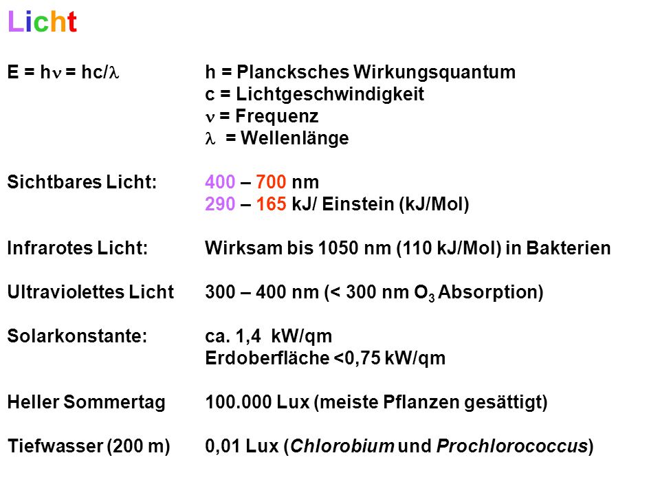 Licht E = h = hc/ h = Plancksches Wirkungsquantum c = Lichtgeschwindigkeit = Frequenz = Wellenlänge Sichtbares Licht: 400 – 700 nm 290 – 165 kJ/ Einstein (kJ/Mol) Infrarotes Licht: Wirksam bis 1050 nm (110 kJ/Mol) in Bakterien Ultraviolettes Licht 300 – 400 nm (< 300 nm O 3 Absorption) Solarkonstante: ca.
