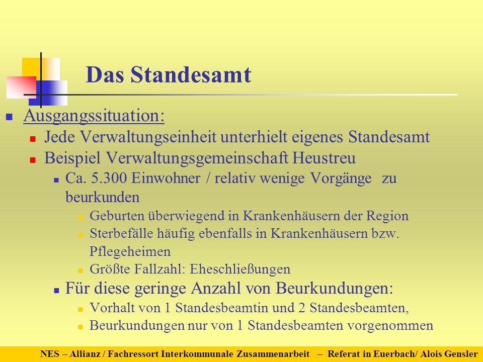 Das Standesamt Ausgangssituation: Jede Verwaltungseinheit unterhielt eigenes Standesamt Beispiel Verwaltungsgemeinschaft Heustreu Ca.
