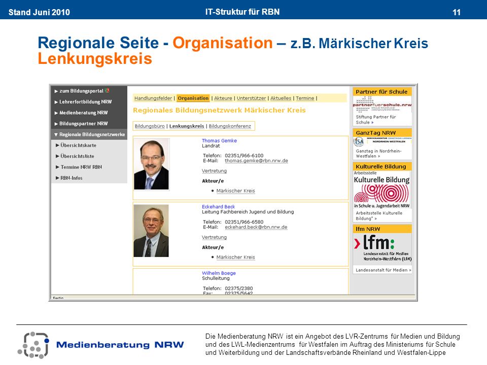 IT-Struktur für RBN 11Stand Juni 2010 Die Medienberatung NRW ist ein Angebot des LVR-Zentrums für Medien und Bildung und des LWL-Medienzentrums für Westfalen im Auftrag des Ministeriums für Schule und Weiterbildung und der Landschaftsverbände Rheinland und Westfalen-Lippe Regionale Seite - Organisation – z.B.