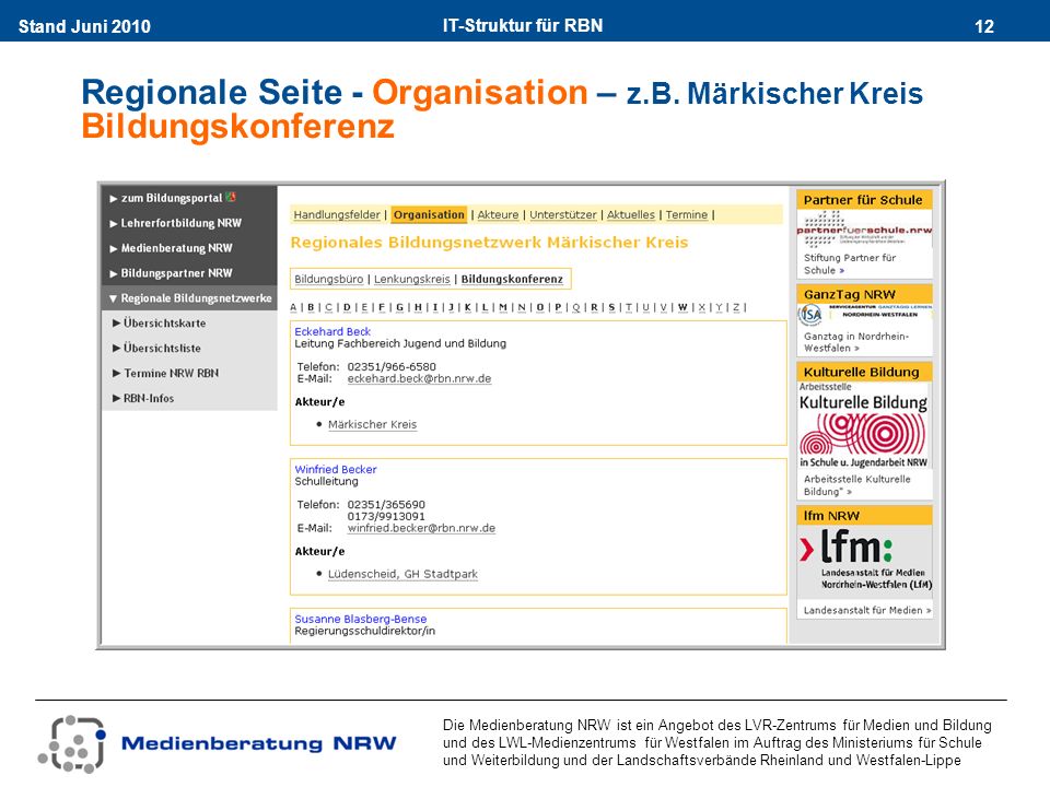 IT-Struktur für RBN 12Stand Juni 2010 Die Medienberatung NRW ist ein Angebot des LVR-Zentrums für Medien und Bildung und des LWL-Medienzentrums für Westfalen im Auftrag des Ministeriums für Schule und Weiterbildung und der Landschaftsverbände Rheinland und Westfalen-Lippe Regionale Seite - Organisation – z.B.