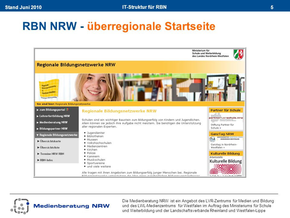 IT-Struktur für RBN 5Stand Juni 2010 Die Medienberatung NRW ist ein Angebot des LVR-Zentrums für Medien und Bildung und des LWL-Medienzentrums für Westfalen im Auftrag des Ministeriums für Schule und Weiterbildung und der Landschaftsverbände Rheinland und Westfalen-Lippe RBN NRW - überregionale Startseite