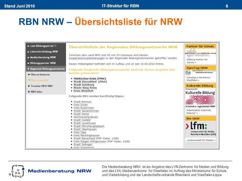 IT-Struktur für RBN 6Stand Juni 2010 Die Medienberatung NRW ist ein Angebot des LVR-Zentrums für Medien und Bildung und des LWL-Medienzentrums für Westfalen im Auftrag des Ministeriums für Schule und Weiterbildung und der Landschaftsverbände Rheinland und Westfalen-Lippe RBN NRW – Übersichtsliste für NRW