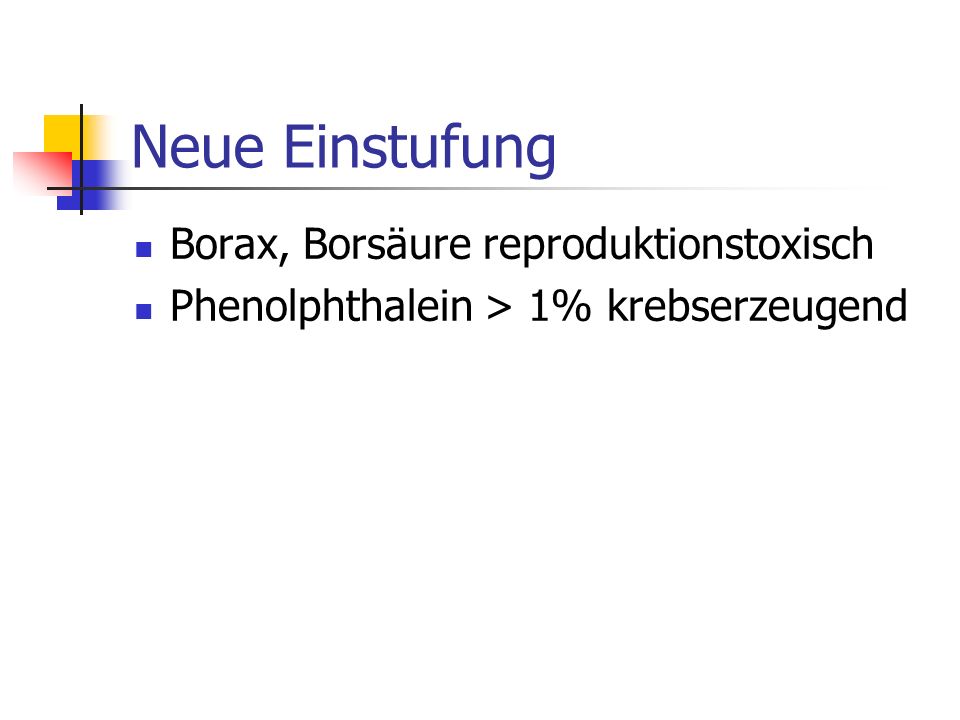 Neue Einstufung Borax, Borsäure reproduktionstoxisch Phenolphthalein > 1% krebserzeugend