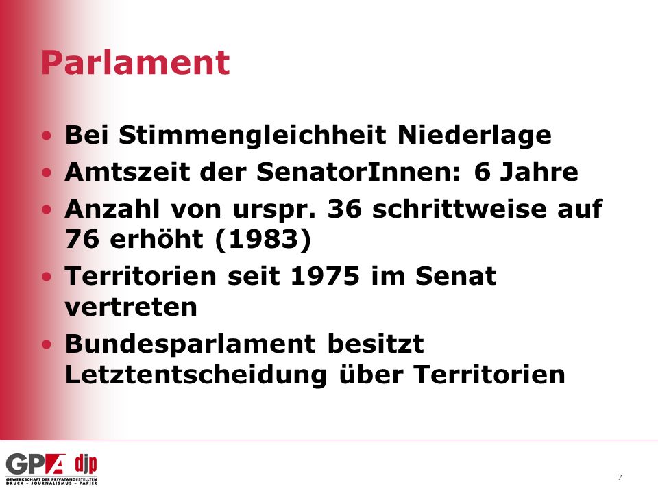 Parlament 7 Bei Stimmengleichheit Niederlage Amtszeit der SenatorInnen: 6 Jahre Anzahl von urspr.