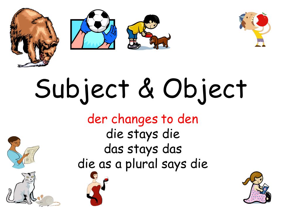 Subject & Object der changes to den die stays die das stays das die as a plural says die